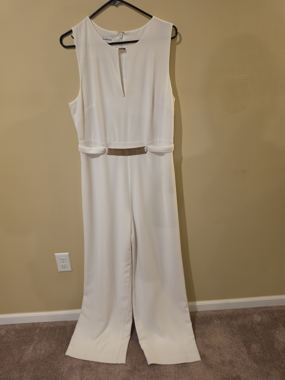 bebe Ivory Sleeveless Jumpsuit with Gold Waist Accent